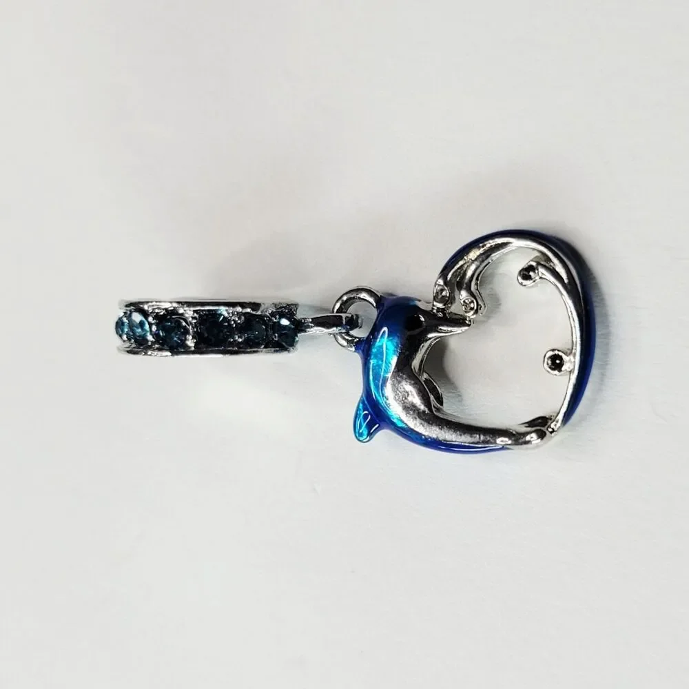 NWT For Pandora Charm Bracelets Silver And Blue Rhinestones Dolphin Heart Dangle